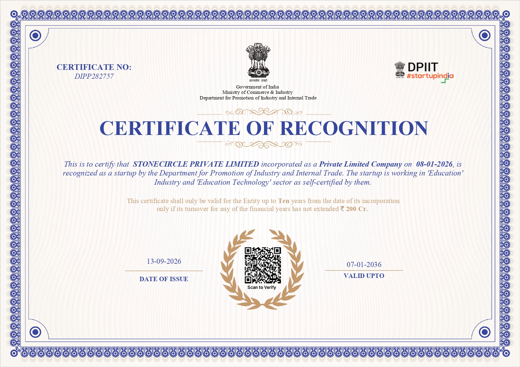 DPIIT Recognition Certificate - Stonecircle Private Limited